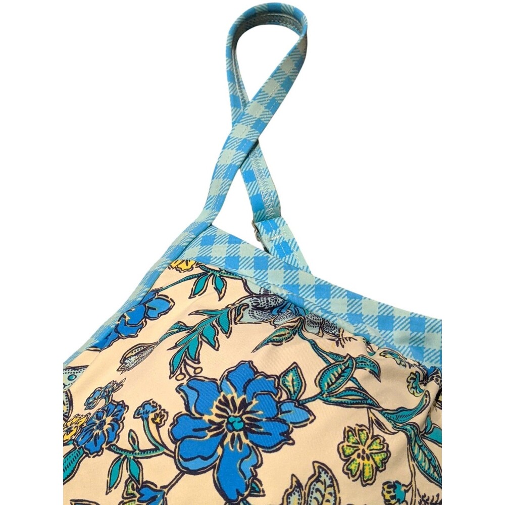 Lands' End Blouson Tankini Swim Top Sz 14 Blue Floral Paisley Gingham Pool Beach - Picture 5 of 12